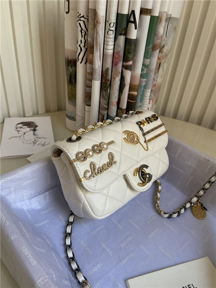 MINI FLAP BAG Lambskin Glass Pearls Imitation Pearls Strass Gold Silver & Ruthenium Finish Metal White High