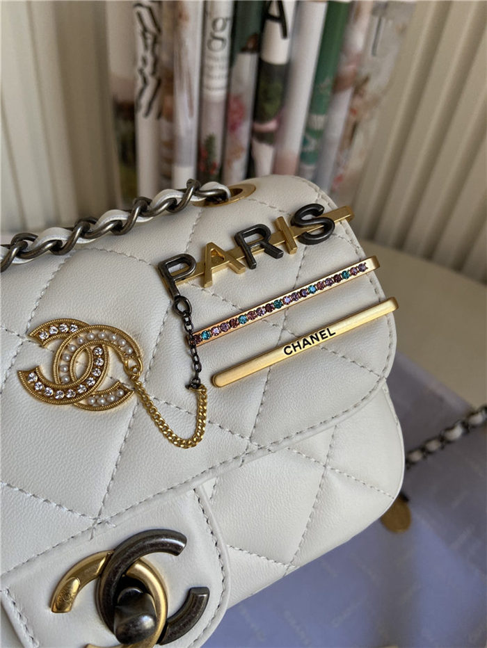 MINI FLAP BAG Lambskin Glass Pearls Imitation Pearls Strass Gold Silver & Ruthenium Finish Metal White High