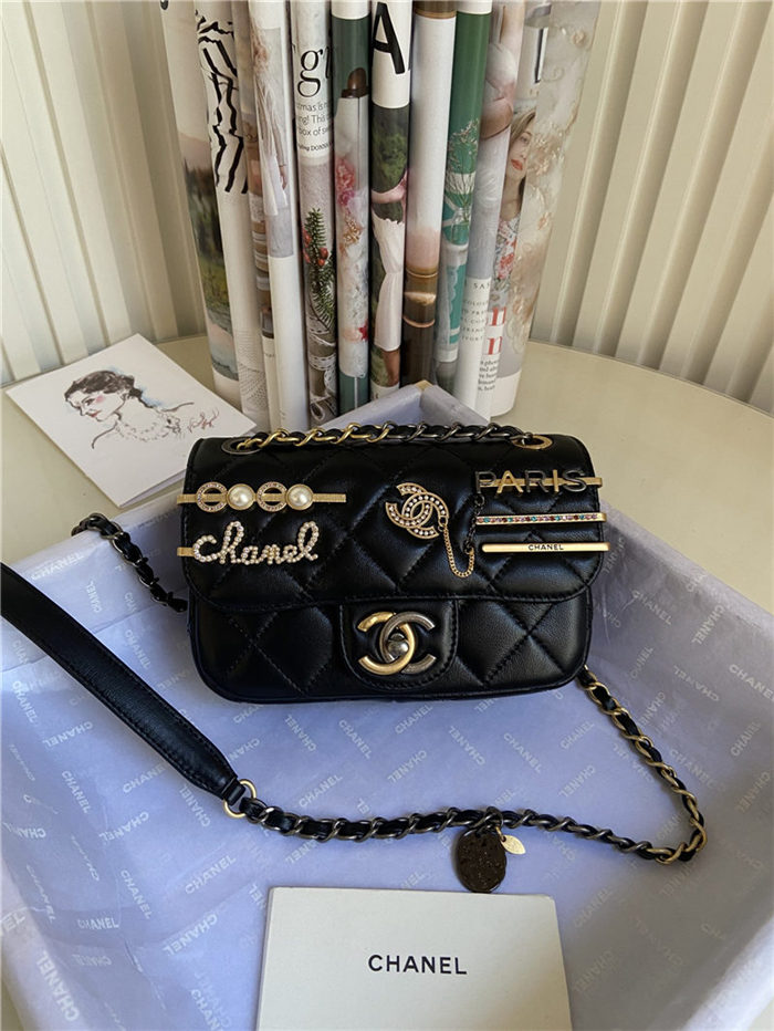 MINI FLAP BAG Lambskin Glass Pearls Imitation Pearls Strass Gold Silver & Ruthenium Finish Metal Black High