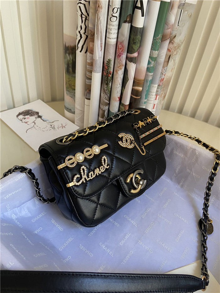 MINI FLAP BAG Lambskin Glass Pearls Imitation Pearls Strass Gold Silver & Ruthenium Finish Metal Black High