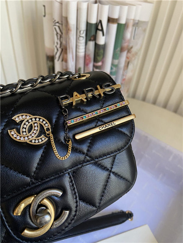 MINI FLAP BAG Lambskin Glass Pearls Imitation Pearls Strass Gold Silver & Ruthenium Finish Metal Black High