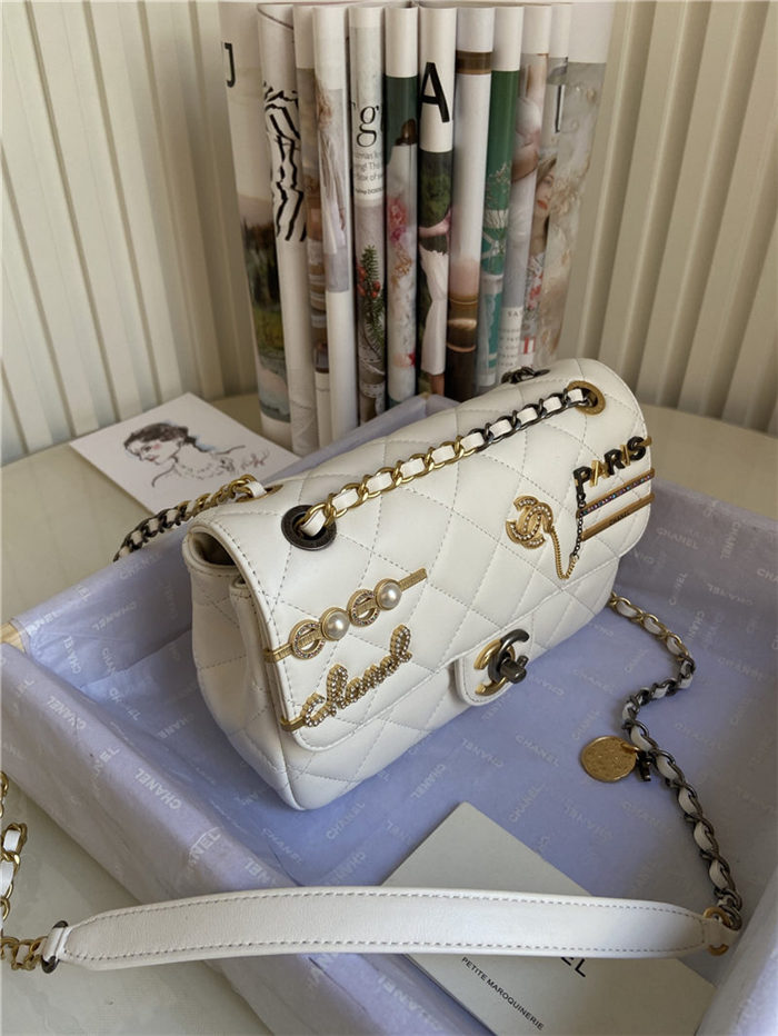 SMALL FLAP BAG Lambskin Glass Pearls Imitation Pearls Strass Gold Silver & Ruthenium Finish Metal White High