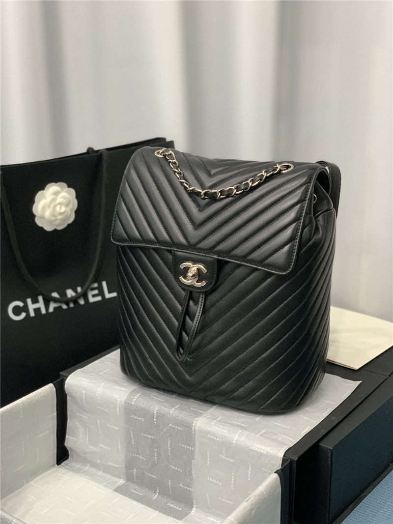 Chanel Large Backpack Chevrons Pattern Lambskin 91122 Silver-Metal Black High