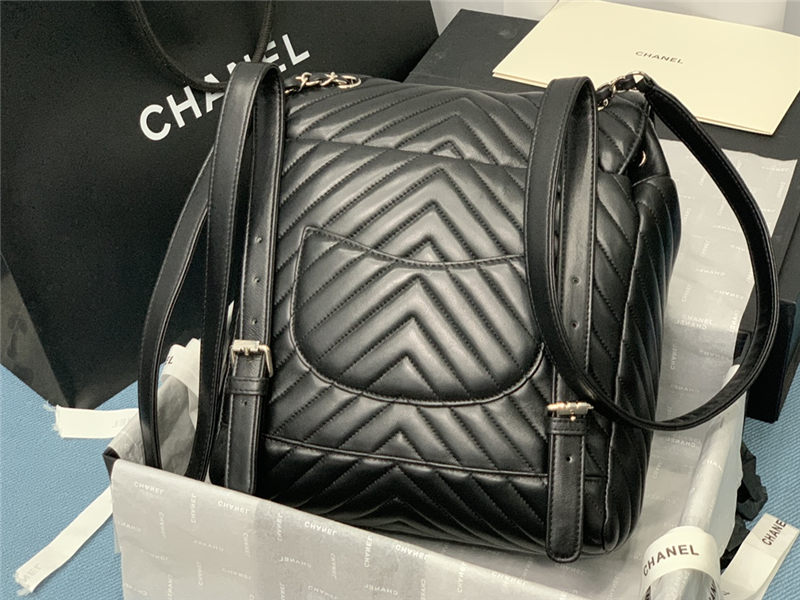 Chanel Large Backpack Chevrons Pattern Lambskin 91122 Silver-Metal Black High