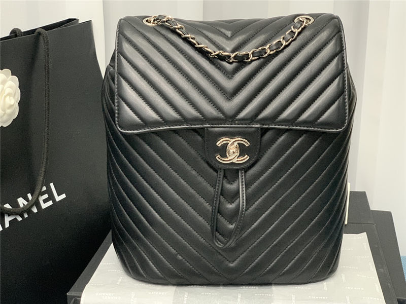 Chanel Large Backpack Chevrons Pattern Lambskin 91122 Silver-Metal Black High