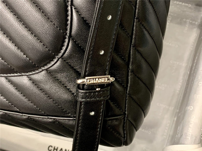 Chanel Large Backpack Chevrons Pattern Lambskin 91122 Silver-Metal Black High