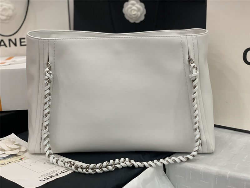 LARGE Chanel SHOPPING BAG TOTE Calfskin Silver Metal AS8473 White High