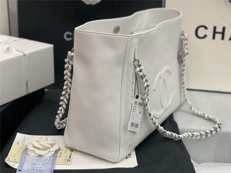 LARGE Chanel SHOPPING BAG TOTE Calfskin Silver Metal AS8473 White High