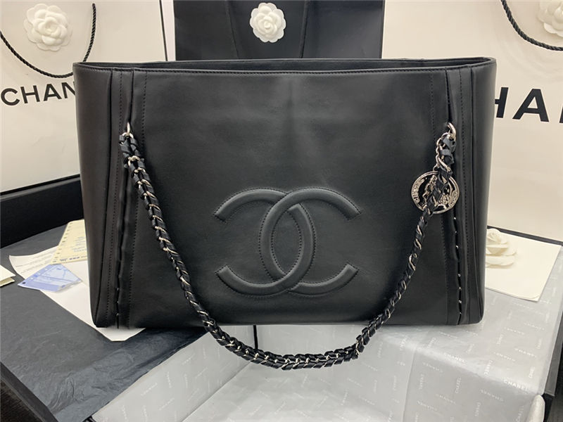 LARGE Chanel SHOPPING BAG TOTE Calfskin Silver Metal AS8473 Black High