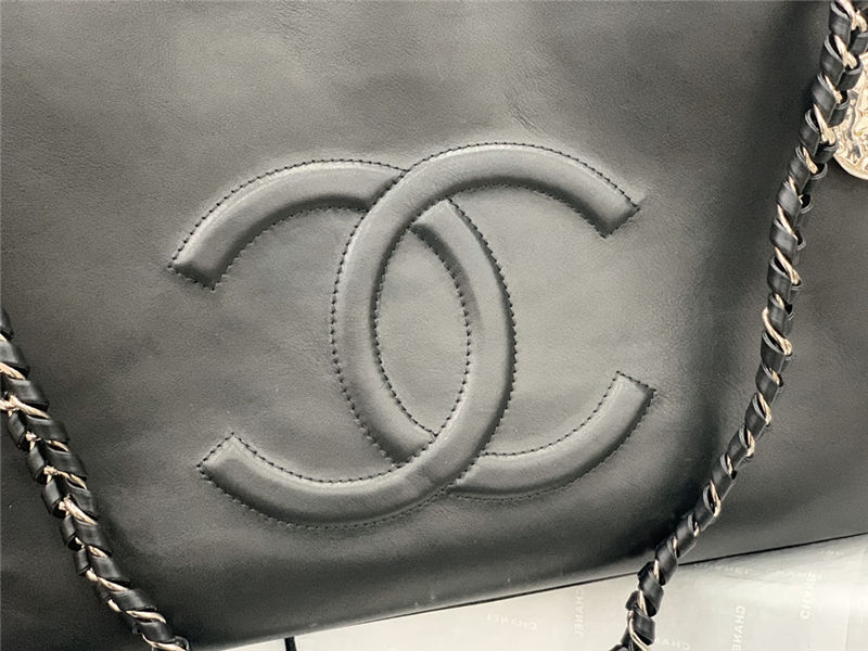 LARGE Chanel SHOPPING BAG TOTE Calfskin Silver Metal AS8473 Black High