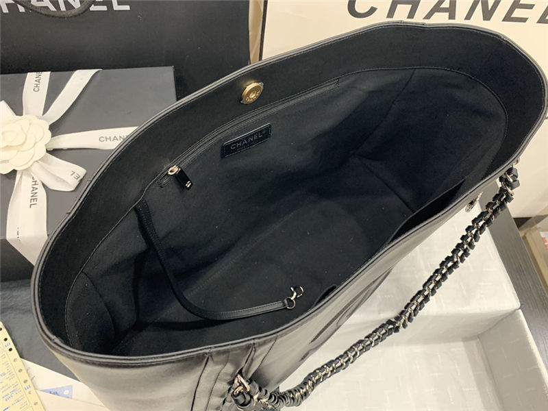 LARGE Chanel SHOPPING BAG TOTE Calfskin Silver Metal AS8473 Black High