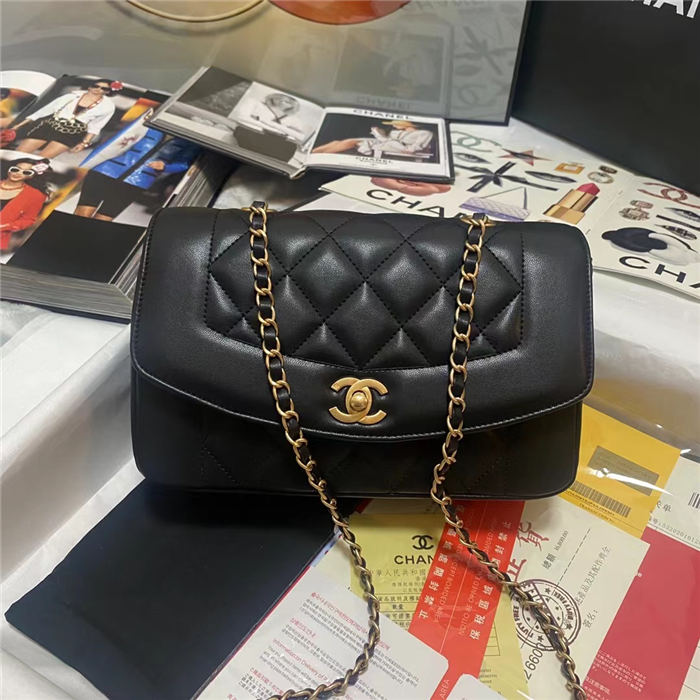 Chanel FLAP BAG 87062 Lambskin Gold-Tone Metal Black A