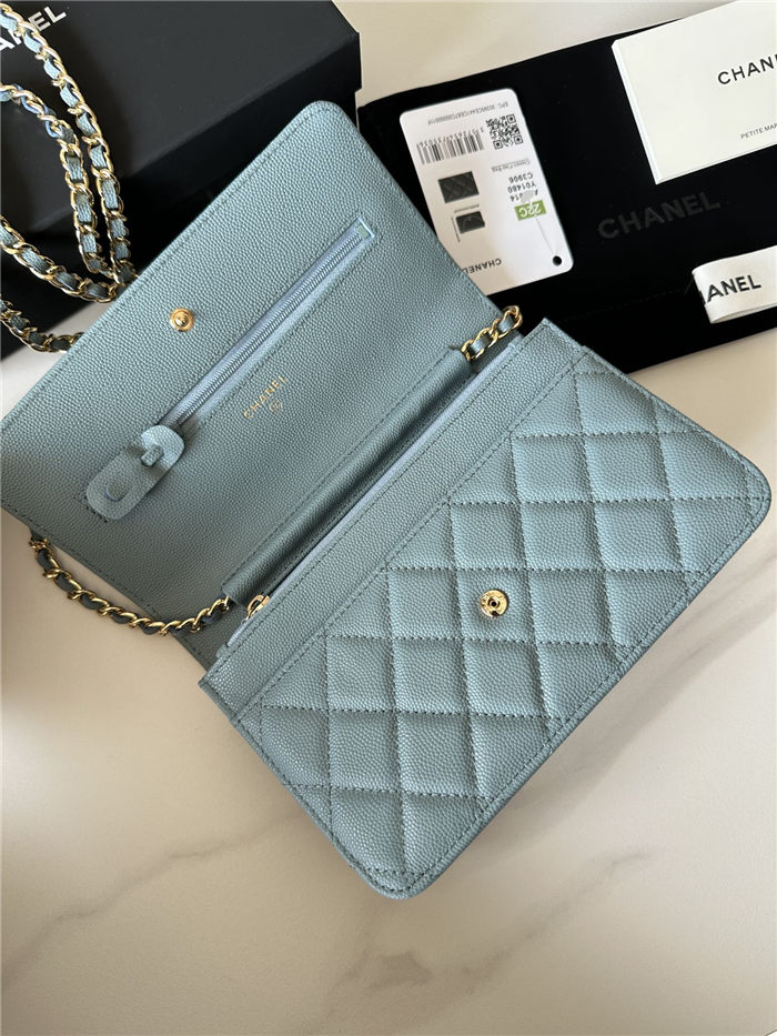 Classic Wallet on Chain AP0250 Grained Calfskin Light Blue Gold Metal A