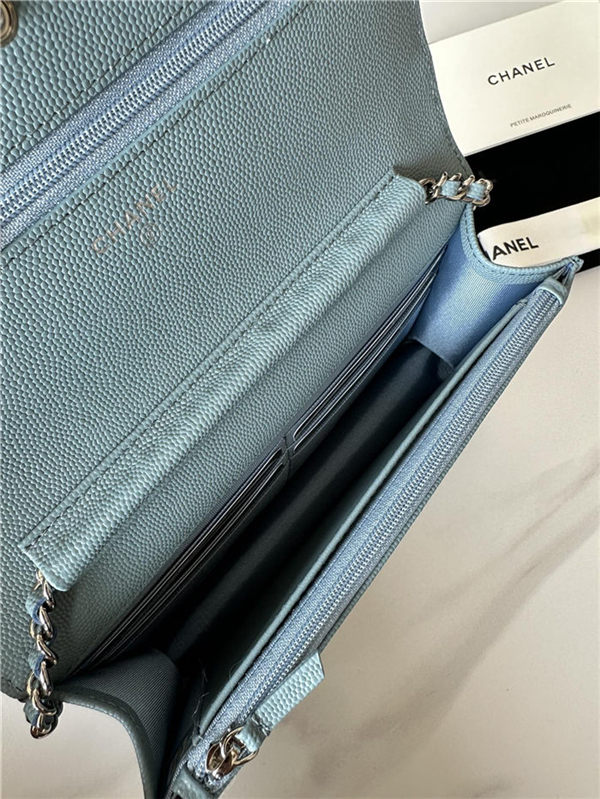 Classic Wallet on Chain AP0250 Grained Calfskin Light Blue Silver Metal A