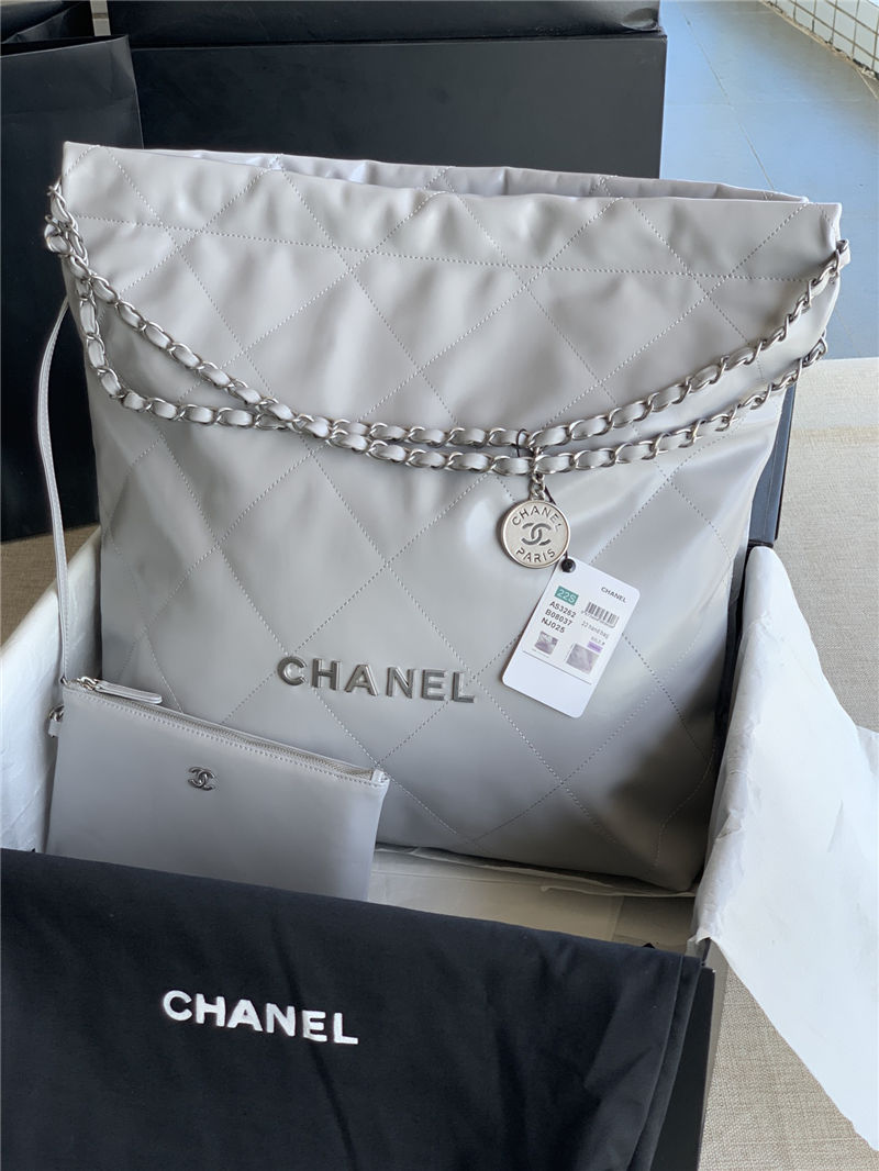 Chanel 22 LARGE HANDBAG Shiny Calfskin & Silver-Tone Metal AS3262 Grey High