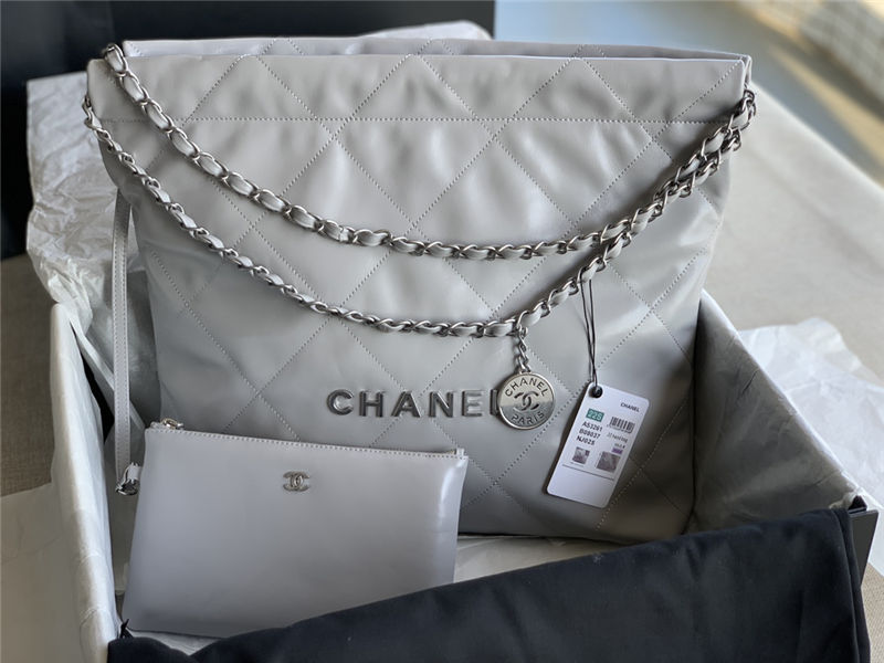 Chanel 22 MEDIUM HANDBAG Shiny Calfskin & Silver-Tone Metal AS3261 Grey High