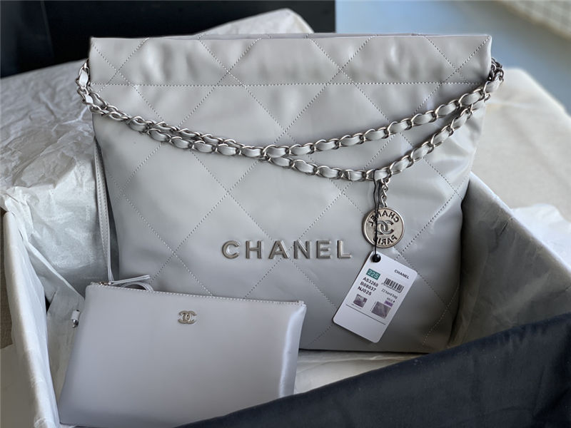 Chanel 22 SMALL HANDBAG Shiny Calfskin & Silver-Tone Metal AS3260 Grey High