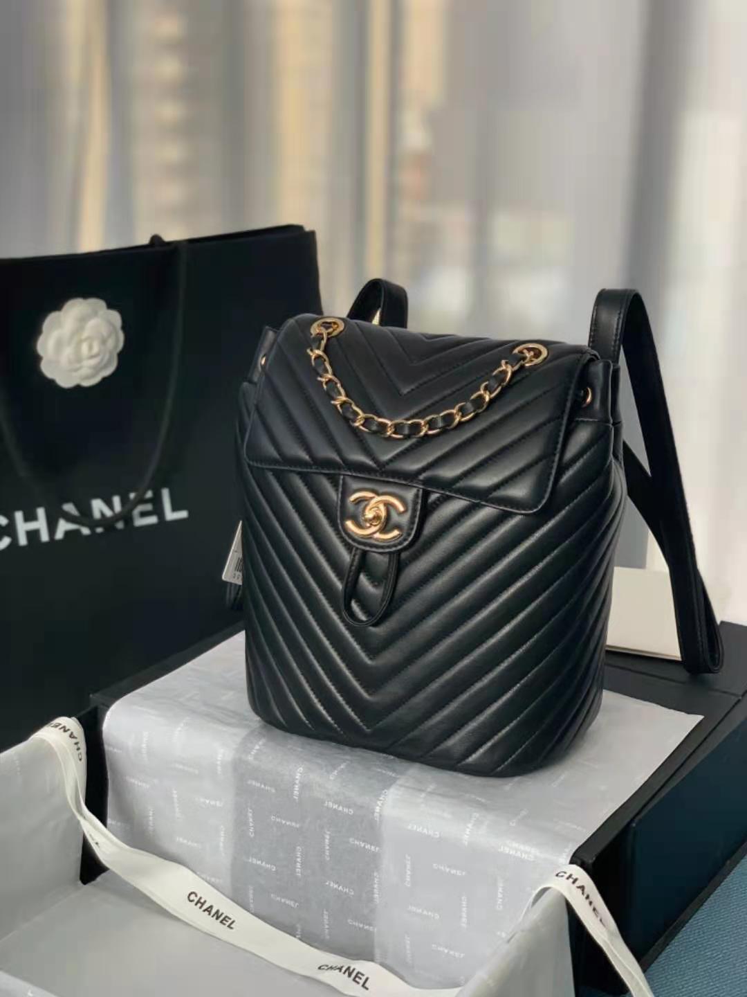 Chanel Large Backpack Chevrons Pattern Lambskin 91122 Gold-Metal Black High