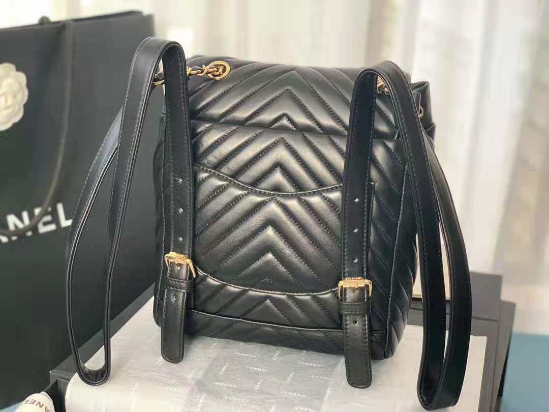 Chanel Large Backpack Chevrons Pattern Lambskin 91122 Gold-Metal Black High