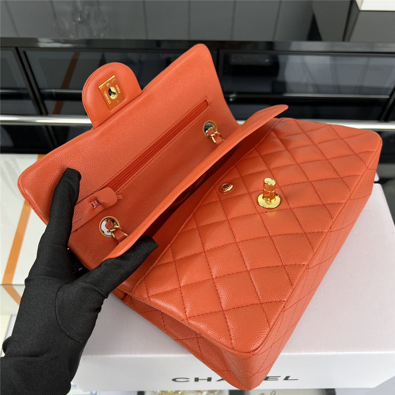 Small CLASSIC HANDBAG Grained Calfskin Gold Metal Orange A