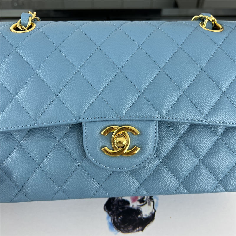 Small CLASSIC HANDBAG Grained Calfskin Gold Metal Blue A