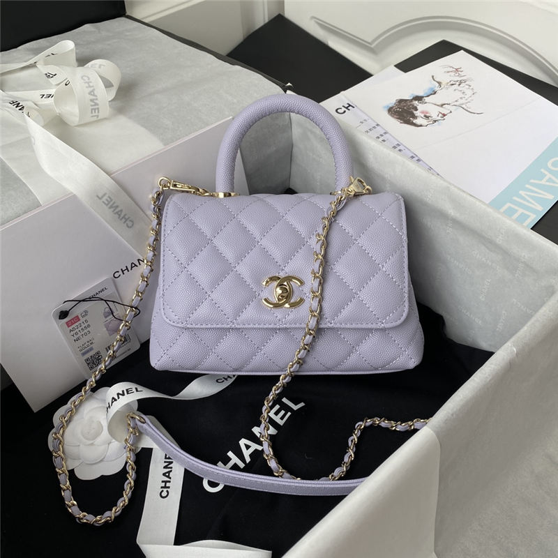 MINI FLAP BAG WITH TOP HANDLE Grained Calfskin & Gold Metal Lilac A