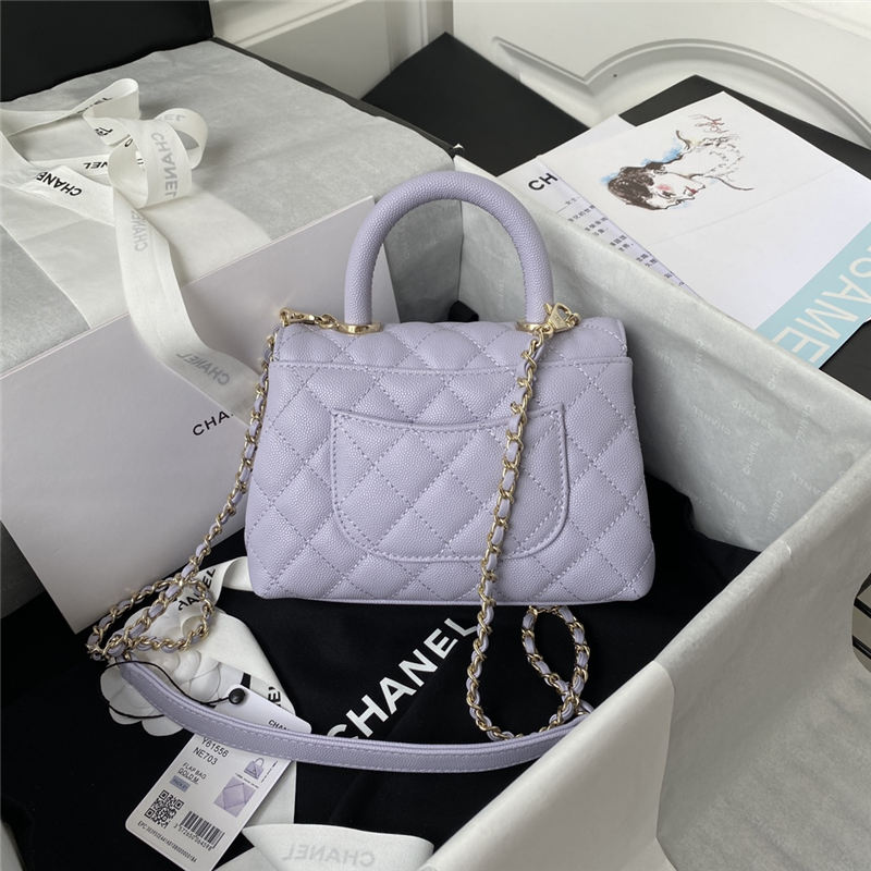 MINI FLAP BAG WITH TOP HANDLE Grained Calfskin & Gold Metal Lilac A