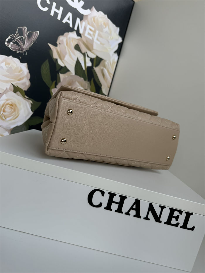 FLAP BAG WITH TOP HANDLE Grained Calfskin Beige Gold Metal High