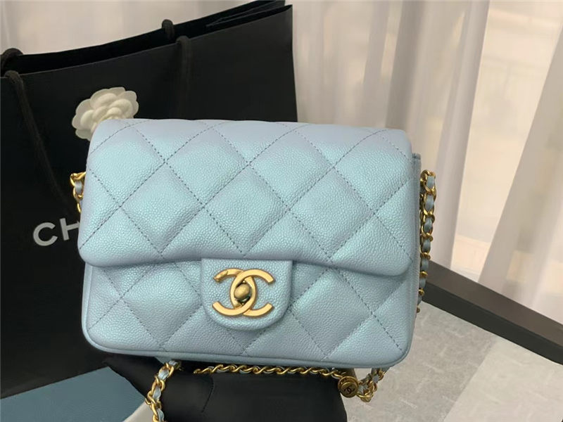 MINI FLAP BAG Iridescent Grained Calfskin & Gold-Tone Metal AS2855 Light Blue A