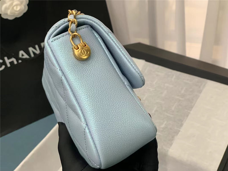 MINI FLAP BAG Iridescent Grained Calfskin & Gold-Tone Metal AS2855 Light Blue A