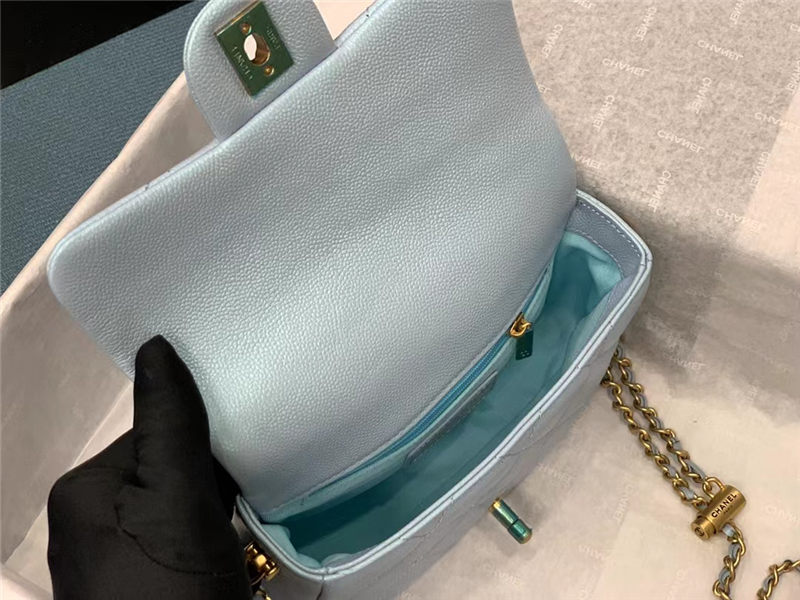 MINI FLAP BAG Iridescent Grained Calfskin & Gold-Tone Metal AS2855 Light Blue A