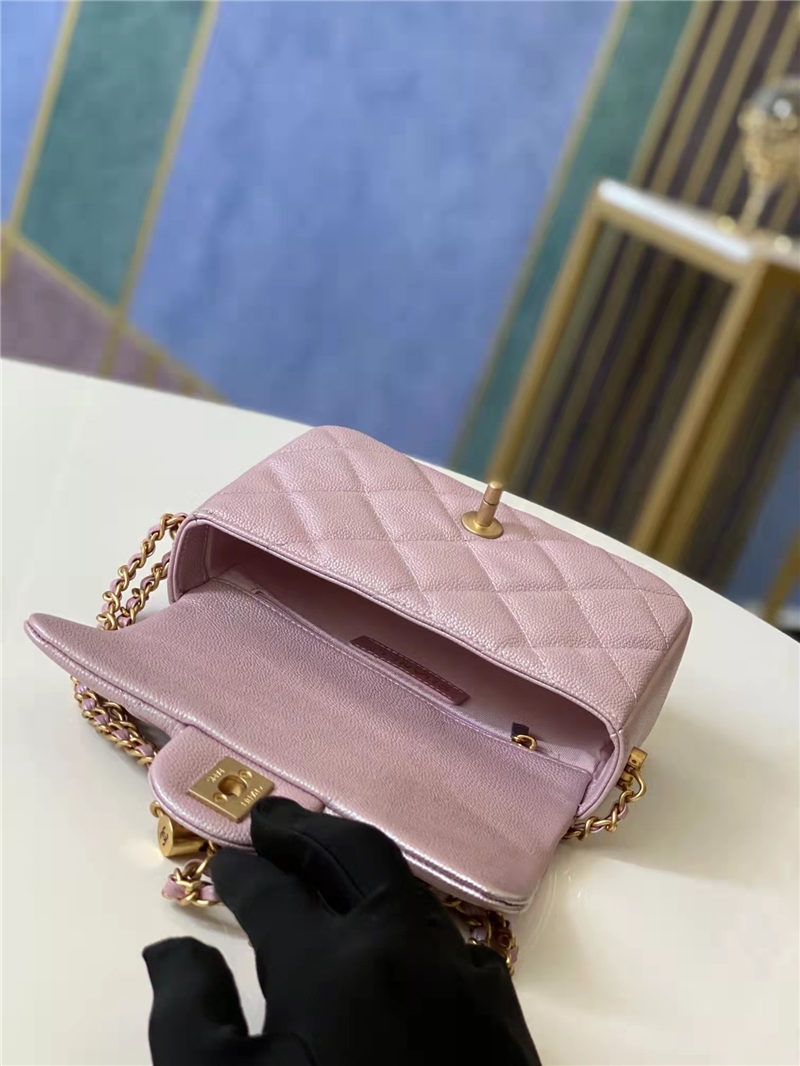 MINI FLAP BAG Iridescent Grained Calfskin & Gold-Tone Metal AS2855 Pink A