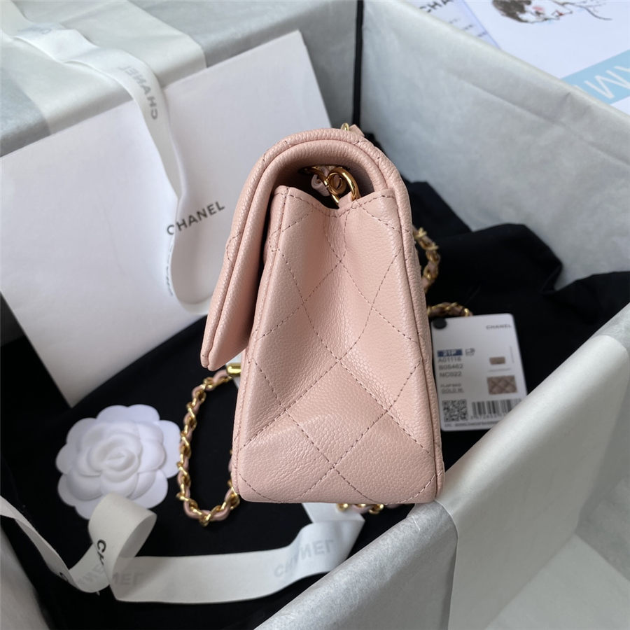 Mini CLASSIC HANDBAG Grained Calfskin Pink Gold Metal A