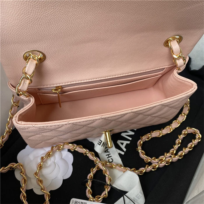 Mini CLASSIC HANDBAG Grained Calfskin Pink Gold Metal A