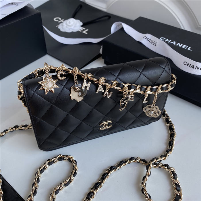 Chanel Wallet on Chain Lambskin Charms & Gold-Tone Metal Black A