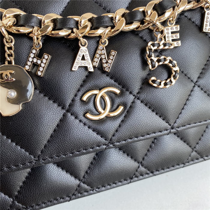 Chanel Wallet on Chain Lambskin Charms & Gold-Tone Metal Black A