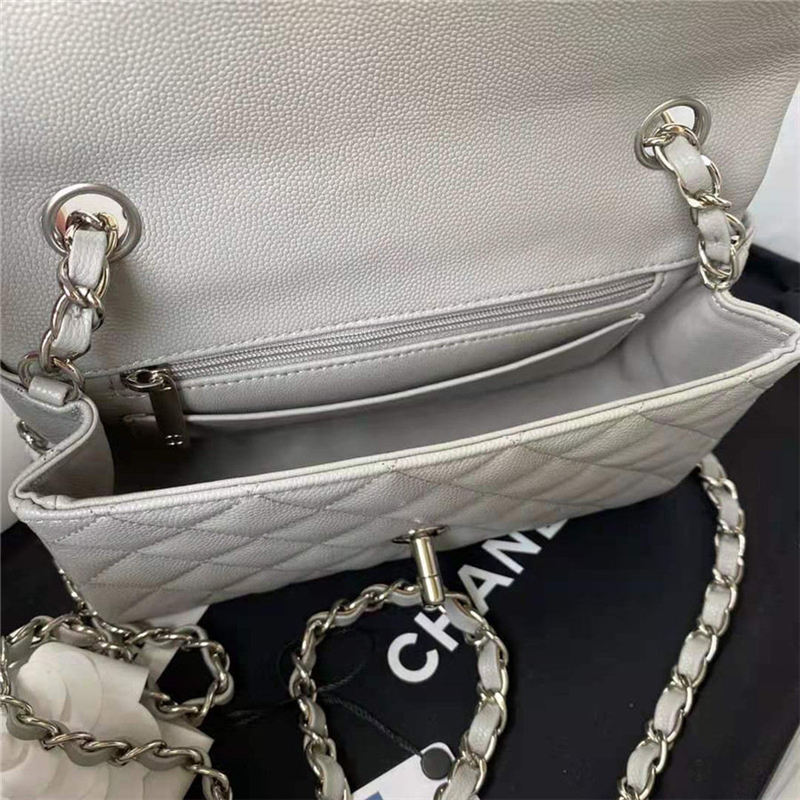 Mini CLASSIC HANDBAG Grained Calfskin Grey Silver Metal A