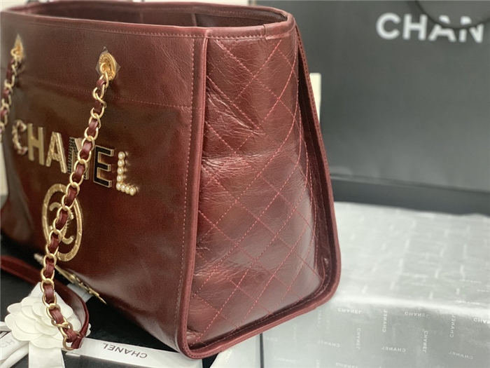 SHOPPING BAG Shiny Calfskin Crystal Pearls Strass Enamel Gold-Tone & Ruthenium-Finish Metal Burgundy High