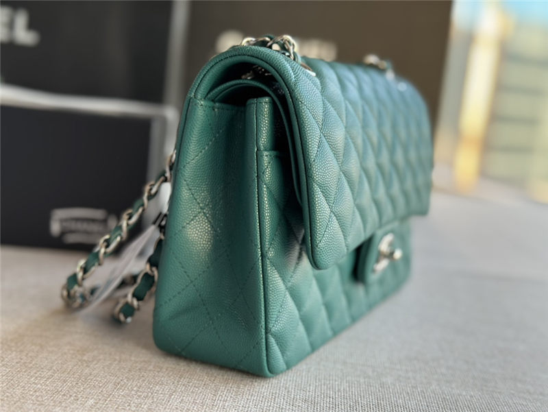 Medium CLASSIC HANDBAG Grained Calfskin Green Silver Metal A