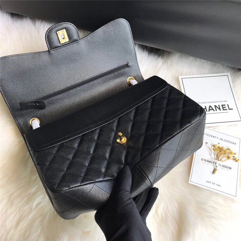 Large CLASSIC HANDBAG Grained Calfskin Gold Metal Black B