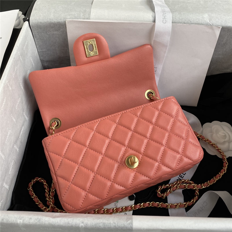 Mini FLAP BAG Lambskin Gold-Metal AS1787 Coral A