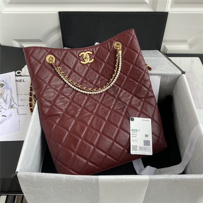 Shopping Bag Calfskin Crystal Pearls & Gold-Tone Metal Burgundy A (OUT OF STOCK)