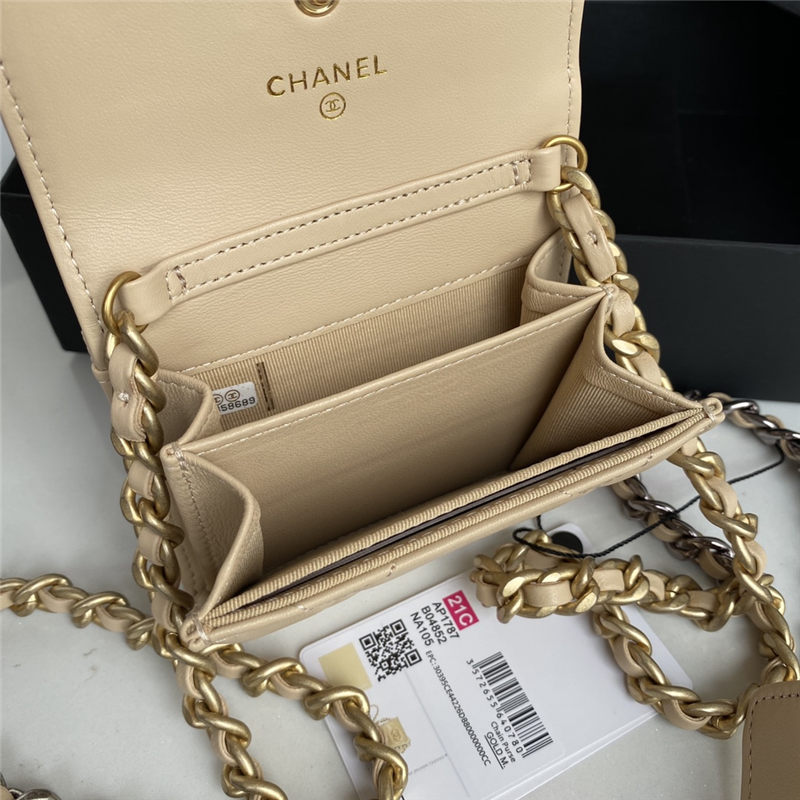 Chanel 19 Flap Coin Purse with Chain Shiny Goatskin Gold Silver Ruthenium-Finish Metal Beige A