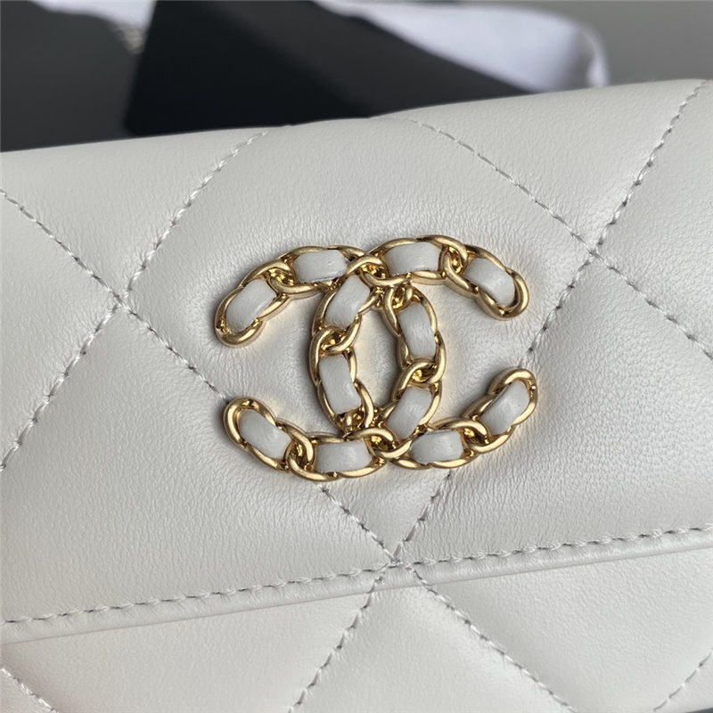 Chanel 19 Flap Coin Purse with Chain Shiny Goatskin Gold Silver Ruthenium-Finish Metal White A