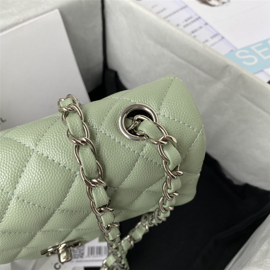 Mini CLASSIC HANDBAG Grained Calfskin Light Green Silver Metal A