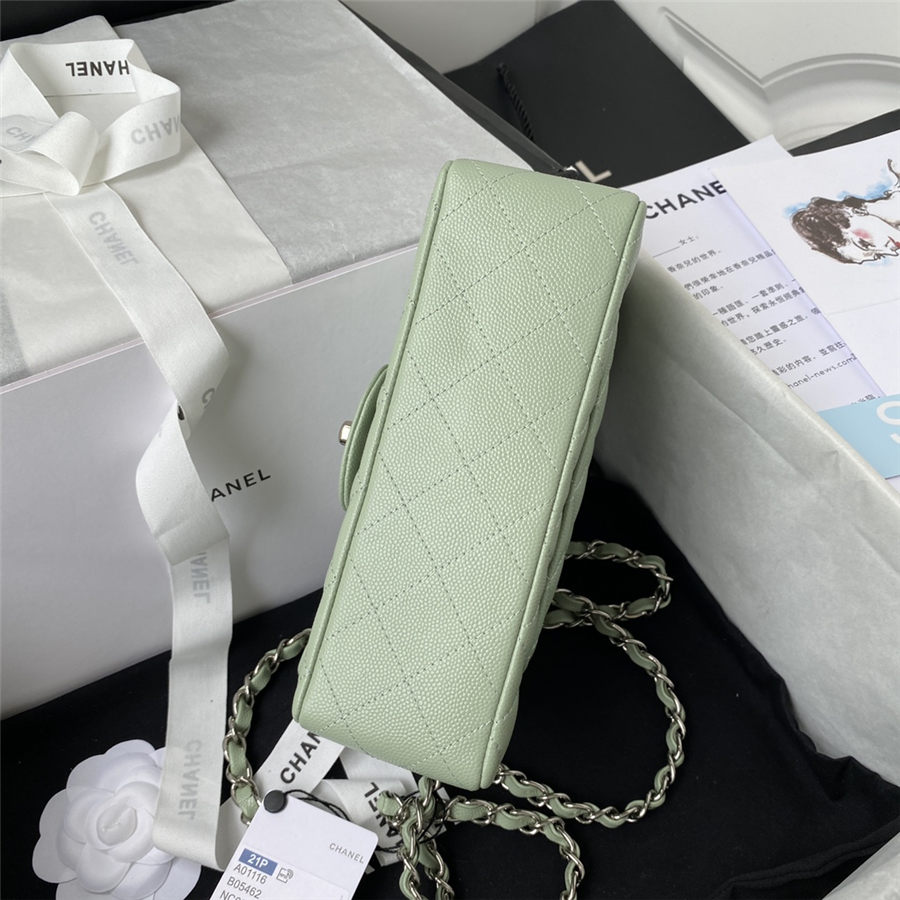 Mini CLASSIC HANDBAG Grained Calfskin Light Green Silver Metal A