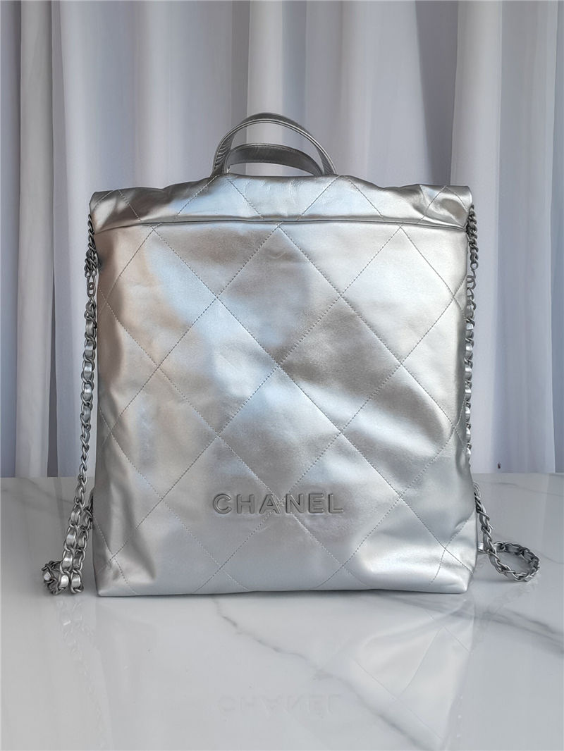 Chanel 22 BACKPACK Shiny Calfskin & Silver-Tone Metal AS3313 Silver High