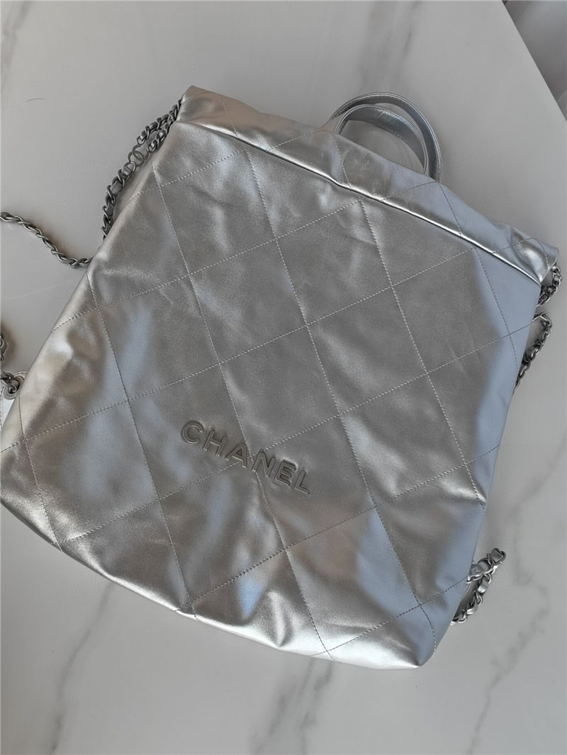 Chanel 22 BACKPACK Shiny Calfskin & Silver-Tone Metal AS3313 Silver High