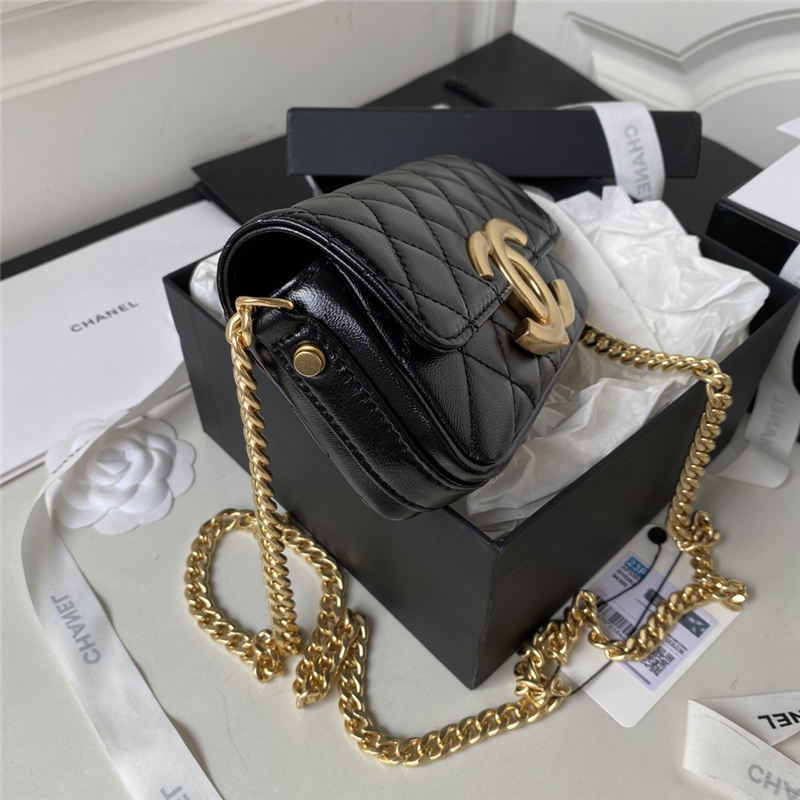 Chanel FLAP PHONE HOLDER WITH CHAIN Shiny Lambskin & Gold-Tone Metal AP3207 Black A