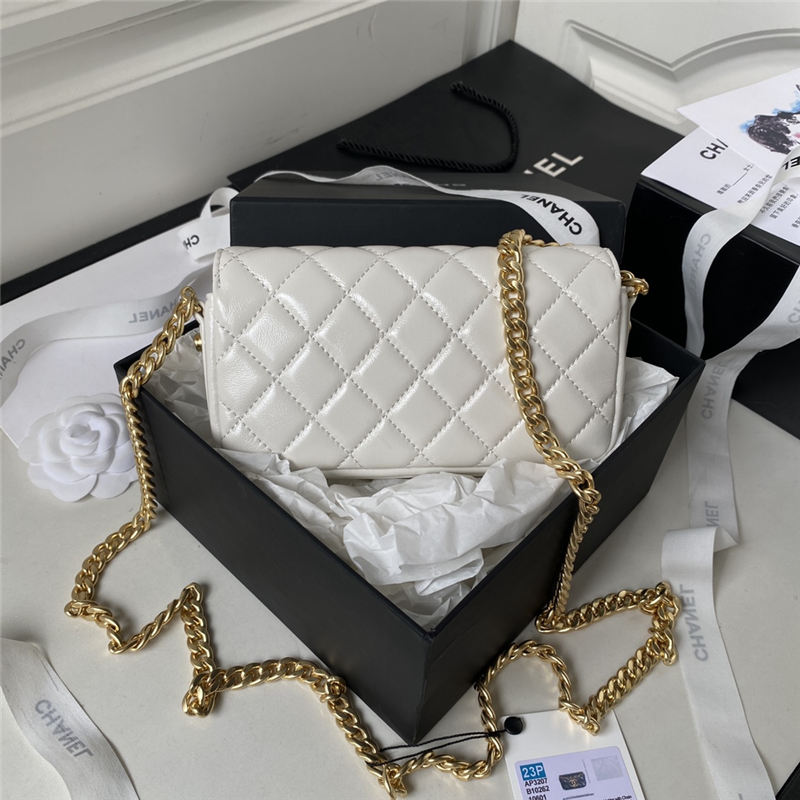 Chanel FLAP PHONE HOLDER WITH CHAIN Shiny Lambskin & Gold-Tone Metal AP3207 White A